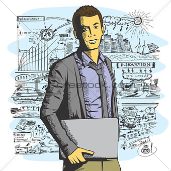 Vector man with laptop in his hands