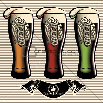 set of different kinds glasses of beer