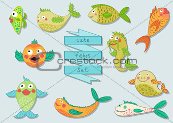 Cute cartoon sea fishes set