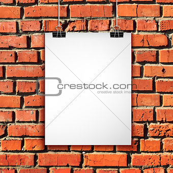 White paper sheet on brick wall. Vector background with blank poster