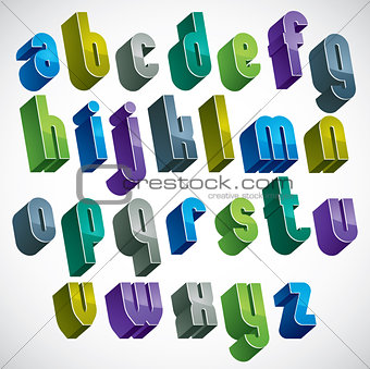 3d colorful letters alphabet, dimensional font in blue and green