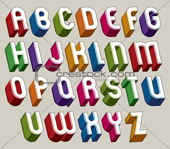 3d font, vector colorful letters, geometric dimensional alphabet