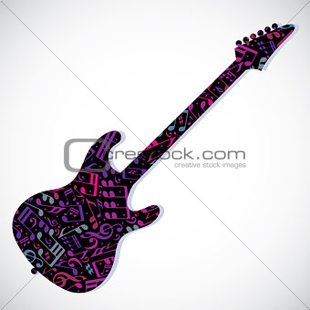 Bright vector bass guitar filled with musical notes, decorative 