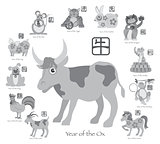 Chinese New Year Ox with Twelve Zodiacs Illustration