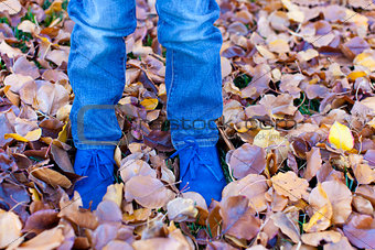 kids feet in autumn leaves