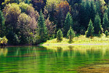 Kaindy green Lake in Tien Shan mountain, Kazakhstan. Autumn