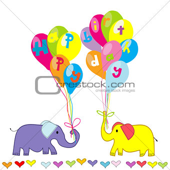 Happy Birthday invitation with cartoon elephants and balloons