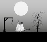 Spooky background with three ghosts with hats standing in the cemetery