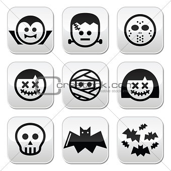 Halloween characters - Dracula, Frankenstein, mummy buttons