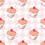 Tile vector background with cherry cupcake and pink houndstooth pattern