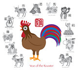 Chinese New Year Rooster Color with Twelve Zodiacs Illustration
