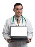 male doctor smiling and holding a laptop computer