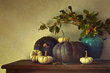 Fall pumpkins and gourds on table