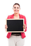 Business woman holding a shalk board