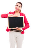 Business woman holding a shalk board