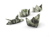 collection of origami ships of one hundred dollar banknotes