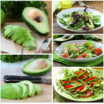 Set salads with fresh avocado and fruit sliced ​​on the board