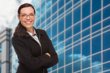 Confident Attractive Mixed Race Woman in Front of Corporate Buil