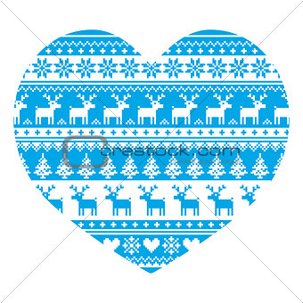 Christmas card with heart- blue Nordic, winter pattern on white