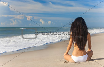 Sexy Woman Girl Sitting Bikini on Beach