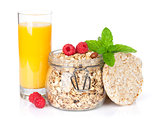 Healty breakfast with muesli, berries and orange juice