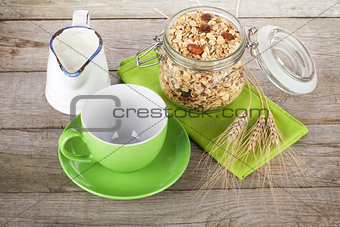 Healthy breakfast with muesli and milk