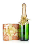 Champagne bottle, christmas gift box and decor
