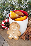 Christmas mulled wine with fir tree, gingerbread and spices