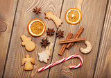 Christmas food decoration with gingerbread cookies, spices and c