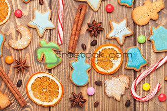 Christmas background with spices and gingerbread cookies