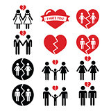 Gay or lesbian Couple breakup, divorce vector icons set