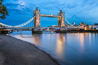 Tower Bridge and Thames River Lit by Moonlight at the Evening, L