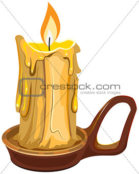 Burning wax candle in a stand