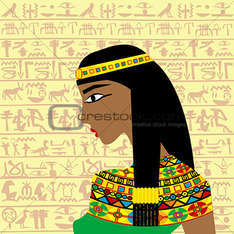 Ancient Egyptian woman profile over a background with Egyptian h