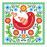 Folk art vector pattern with bird and flowers