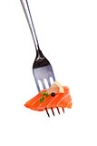Delicious salmon piece on fork.