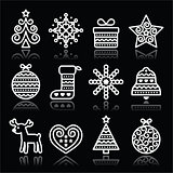 Christmas white icons with stroke on black