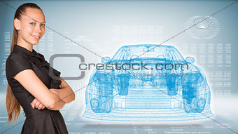 Businesswoman and glow wire-frame car