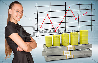 Businesswoman and dollar packs with yellow barrels