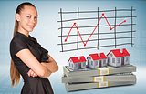 Businesswoman and dollar packs with row houses