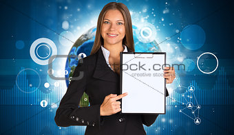 Beautiful businesswoman in suit holding paper holder