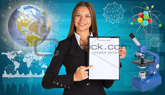 Beautiful businesswoman holding paper holder. Earth, microscope and molecule model