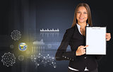 Beautiful businesswoman holding paper holder. Earth, network and graphs
