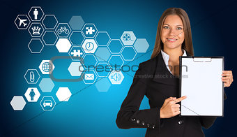 Beautiful businesswoman holding paper holder. Hexagons with icons