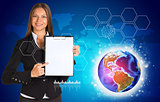 Beautiful businesswoman in suit holding paper holder. World map, Earth and hexagons