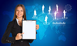 Beautiful businesswoman in suit holding paper holder. World map and business silhouettes