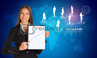 Beautiful businesswoman in suit holding paper holder. World map and business silhouettes