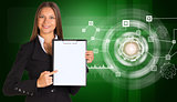 Beautiful businesswoman in suit holding paper holder. Network with circles