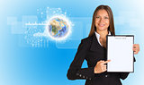 Beautiful businesswoman holding paper holder. Earth, network and graphs