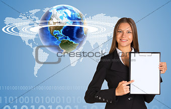 Beautiful businesswoman holding paper holder. Earth with world map